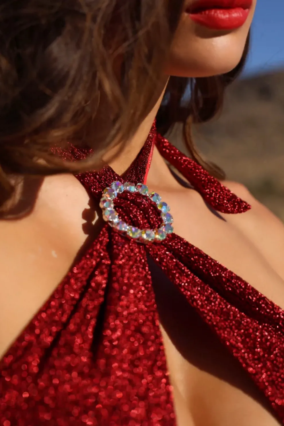 Red Boucle Halter Crystal Twist